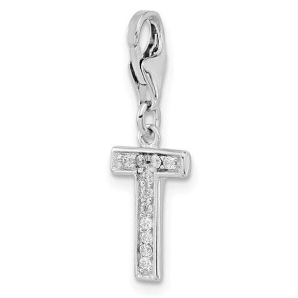 Amore La Vita Sterling Silver Rhodium-plated Polished CZ Letter T Initial Charm - Picture 4 of 6